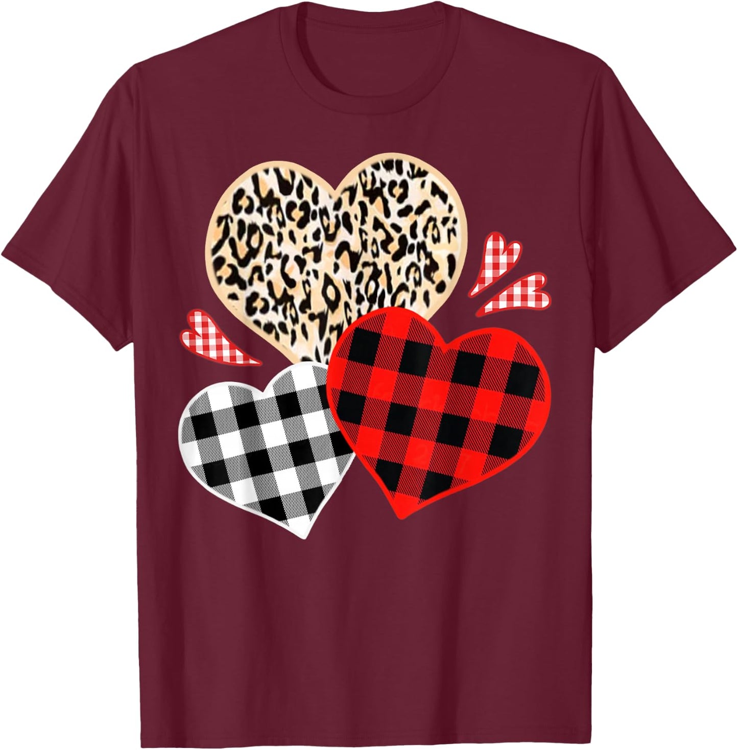 Girls Valentine's Shirts Hearts Love Leopard Red Plaid T-Shirt - T-Shirt | Maroon