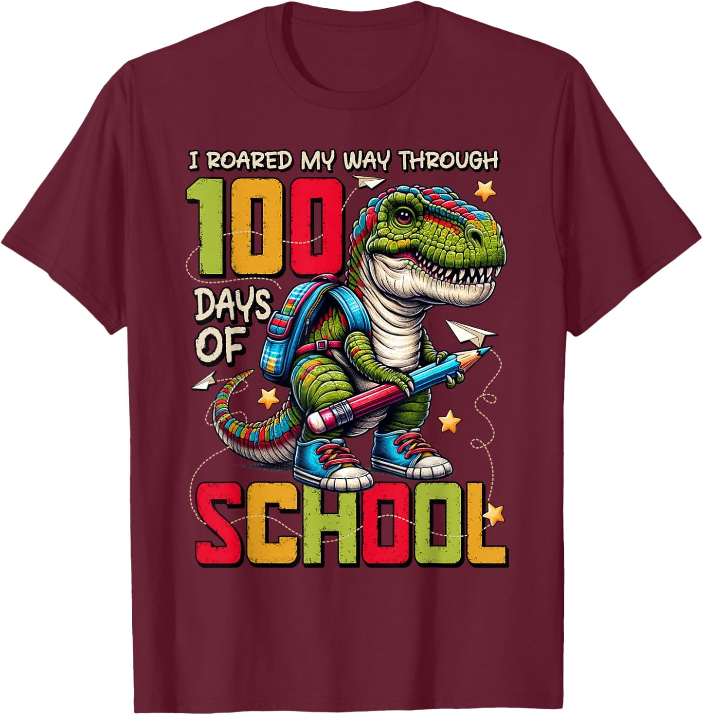 100 Days of School Trex 100 Days Smarter 100th Day of School T-Shirt - T-Shirt | Maroon