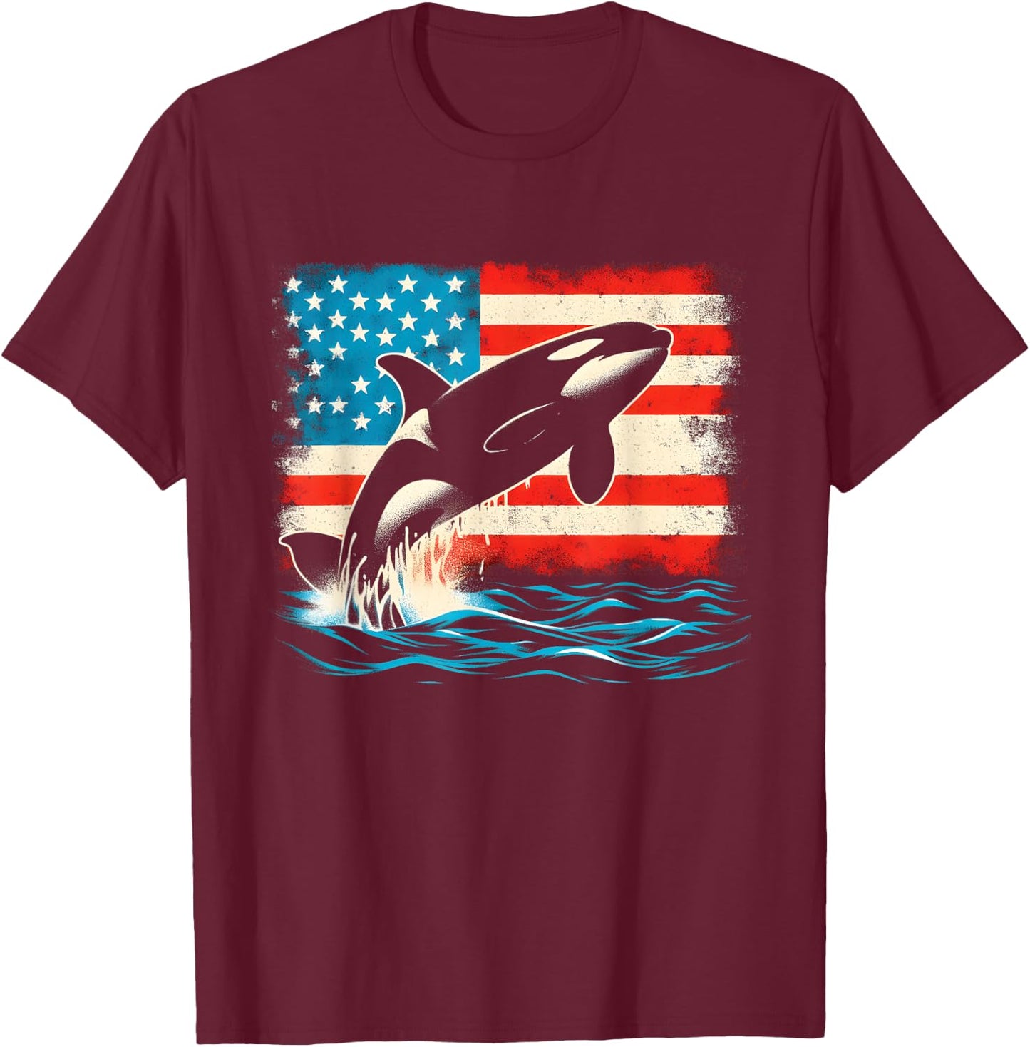 Orca American Flag - Patriotic USA Ocean Orca Whale Lover T-Shirt - T-Shirt | Maroon