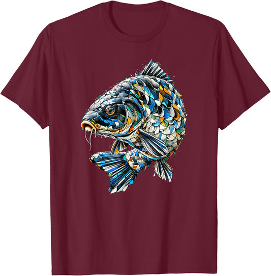 Polygon Art Fishing Carp Fisherman Carps , Black, S T-Shirt - T-Shirt | Maroon