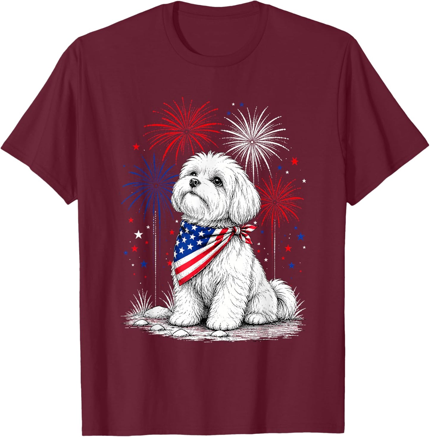 Maltese America's 250th Patriotic Fireworks Animal Lovers T-Shirt - T-Shirt | Maroon