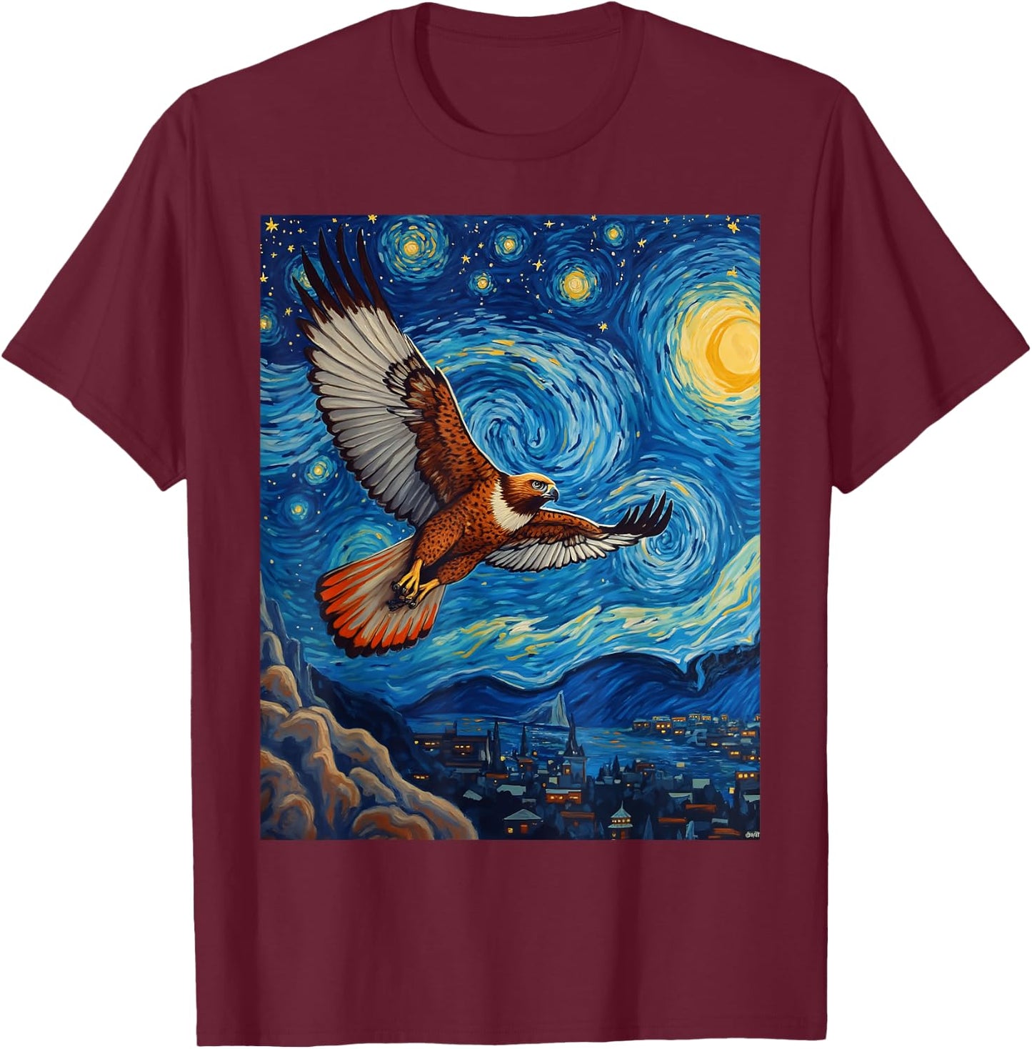 Van Gogh's Starry Night Red-Tailed Hawk Sky Hunter Animal T-Shirt - T-Shirt | Maroon