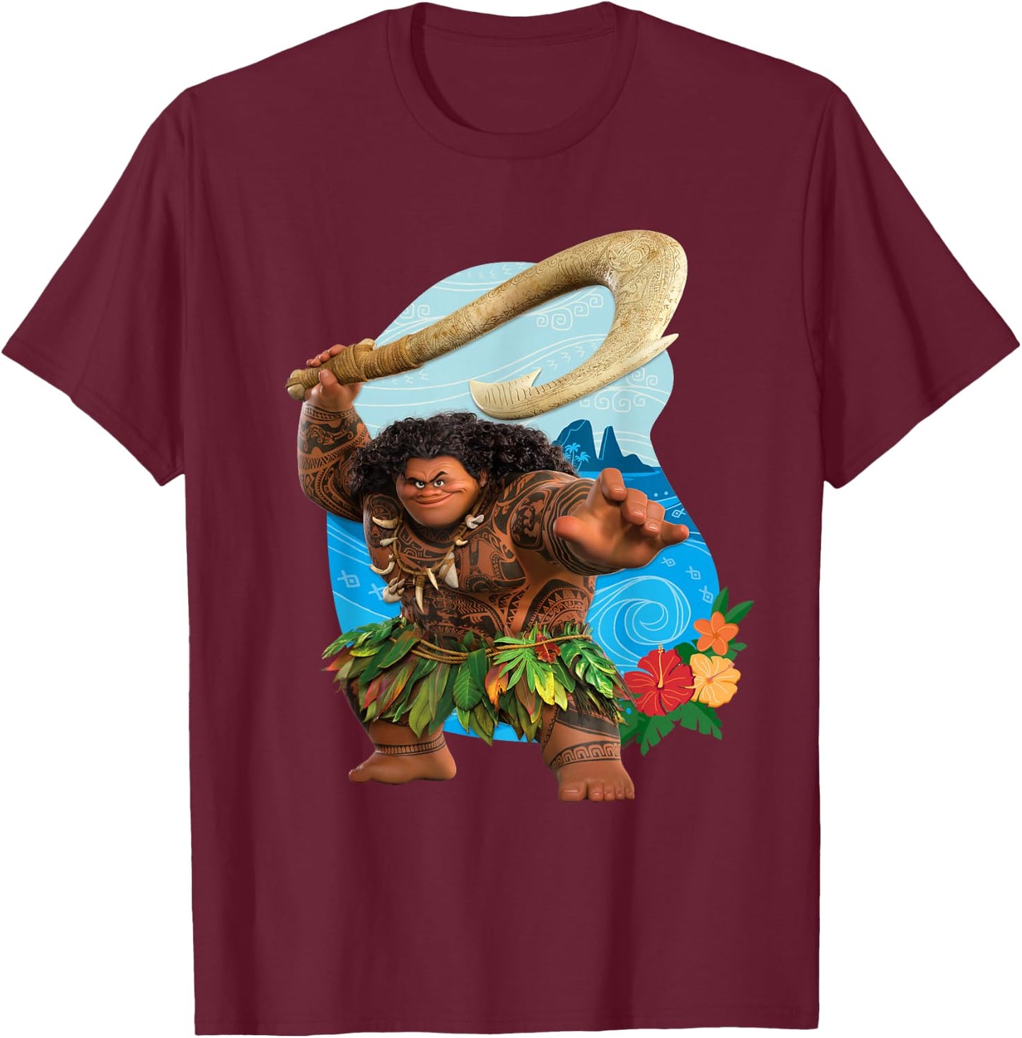 Disney Vaiana 2 Tropical Island Adventure Maui & Fish Hook T-Shirt - T-Shirt | Maroon
