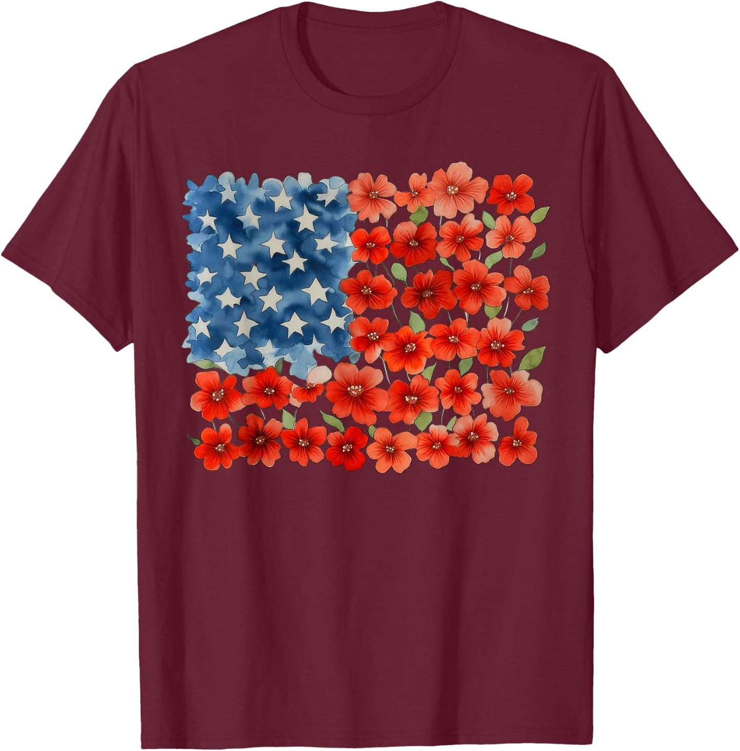 Women 4th of July Floral American Flag Wildflowers Patriotic T-Shirt - T-Shirt | Maroon