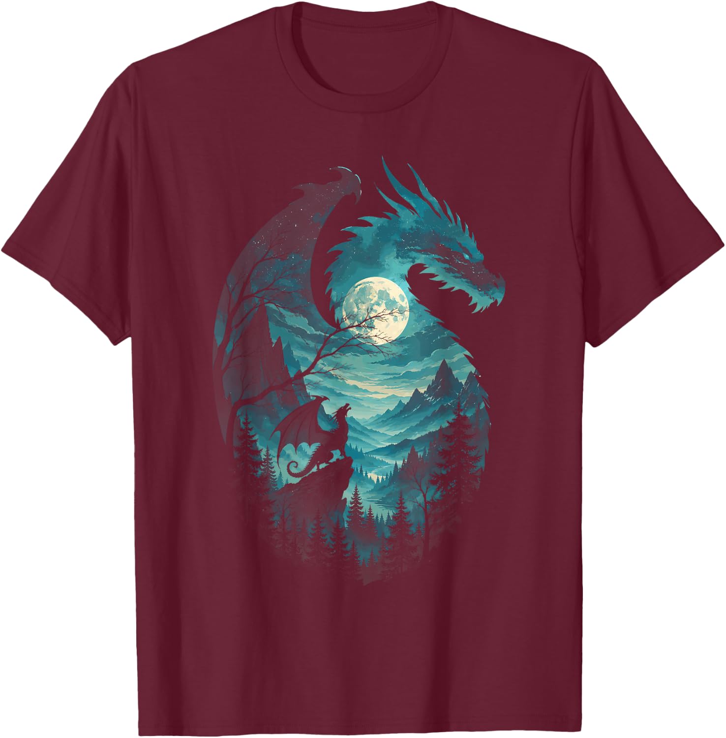 Dragon Howling at Moon 90's Vintage Retro T-Shirt - T-Shirt | Maroon