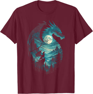 Dragon Howling at Moon 90's Vintage Retro T-Shirt - T-Shirt | Maroon
