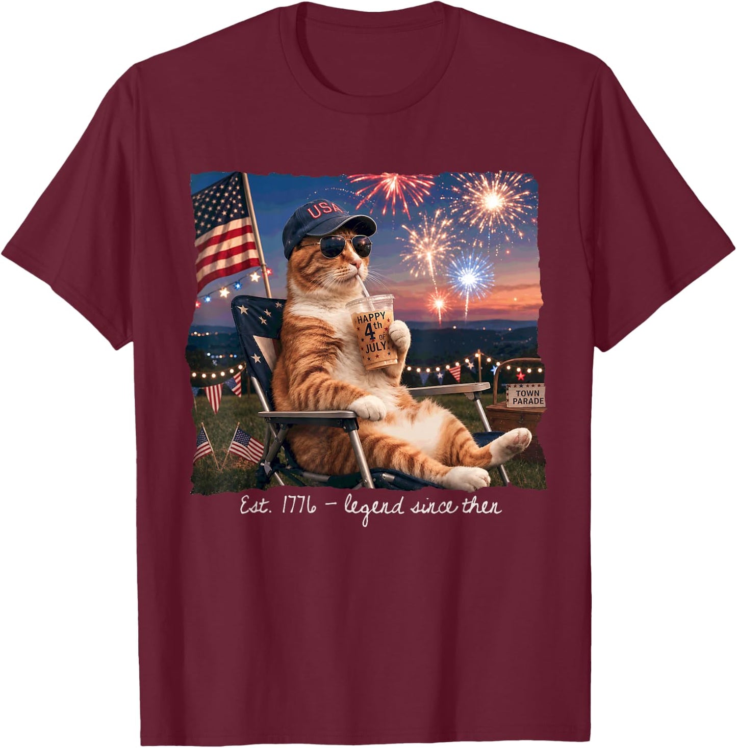 Funny 4th of July Cat Fireworks Est 1776 Legend Since Then T-Shirt - T-Shirt | Maroon