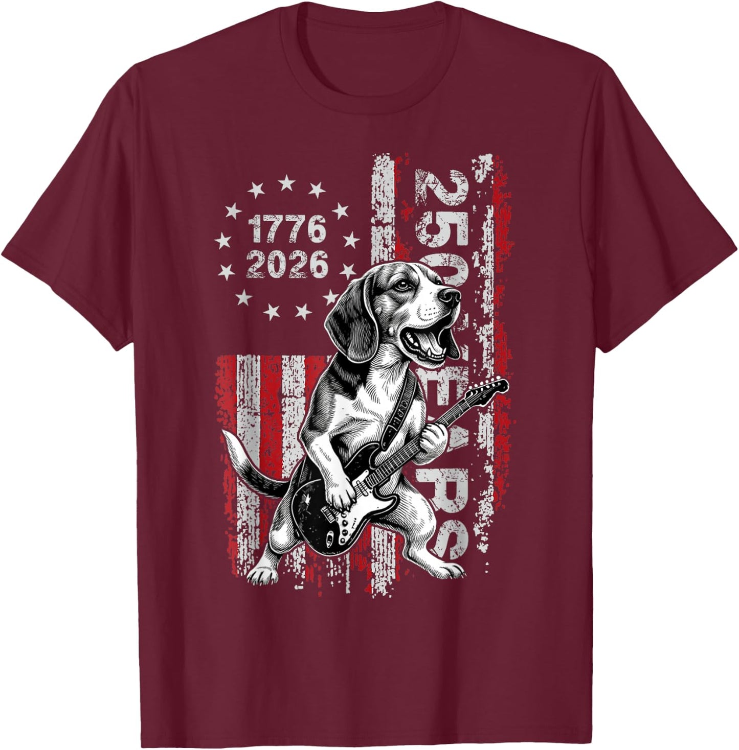 250 Years US Flag Beag Dog Playing Guitar - Funny Beagle T-Shirt - T-Shirt | Maroon
