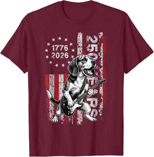 250 Years US Flag Beag Dog Playing Guitar - Funny Beagle T-Shirt - T-Shirt | Maroon
