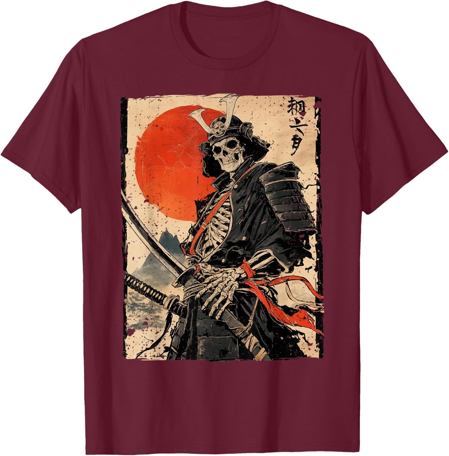 Japan Samurai Krieger Skelett Ukiyo Tinte Kunstwerk Samurai T-Shirt - T-Shirt | Maroon