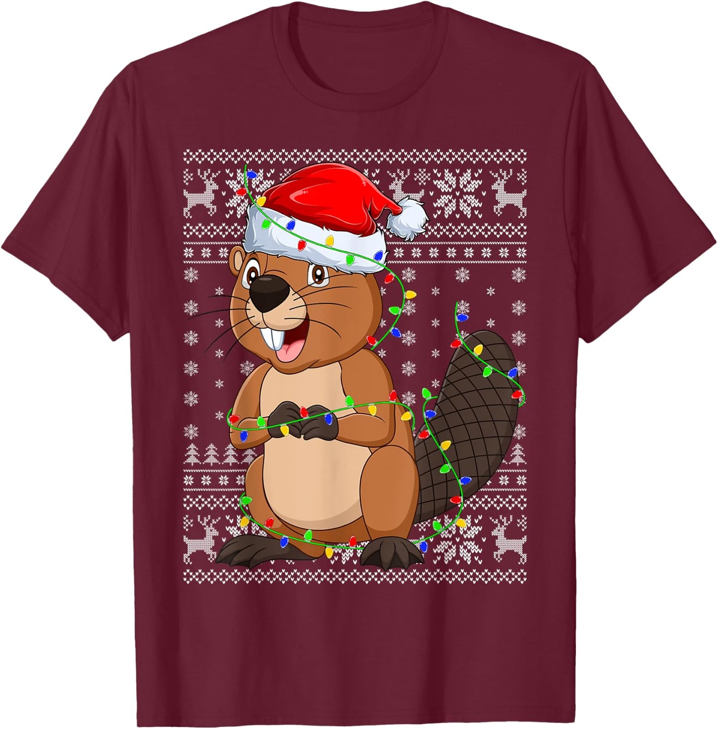 Ugly Sweater Xmas Lights Santa Hat Beaver Christmas T-Shirt - T-Shirt | Maroon