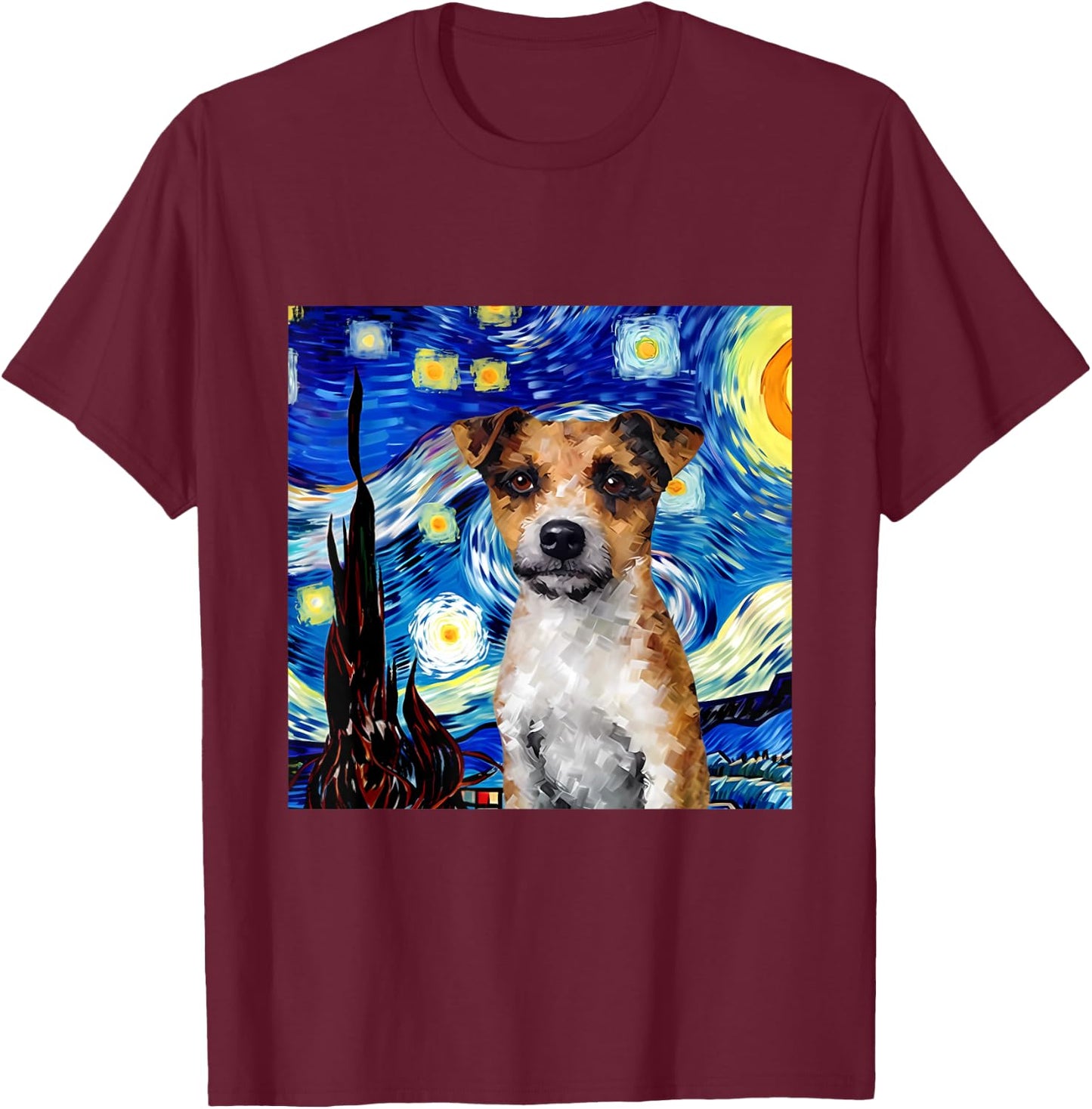 Jack Russell Terrier Starry Night Dog Painting T-Shirt - T-Shirt | Maroon