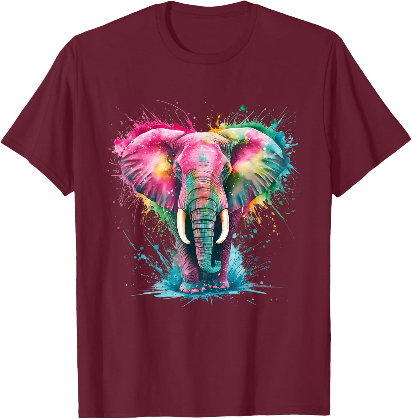 Elephant Men's Women's Colourful Watercolour Elephant , black T-Shirt - T-Shirt | Maroon