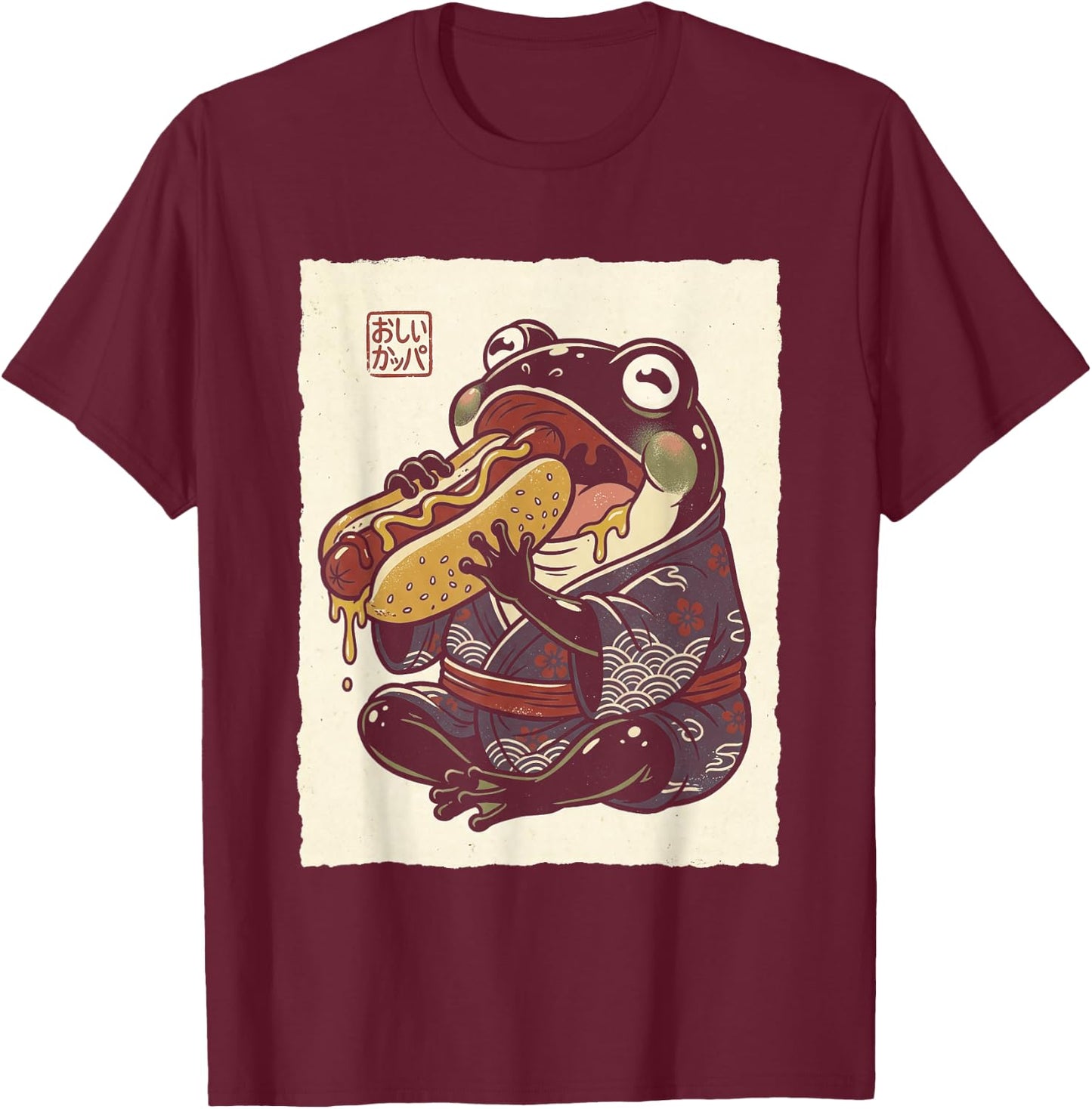 Grumpy Frog Eating Hotdog Japanese T-Shirt - T-Shirt | Maroon
