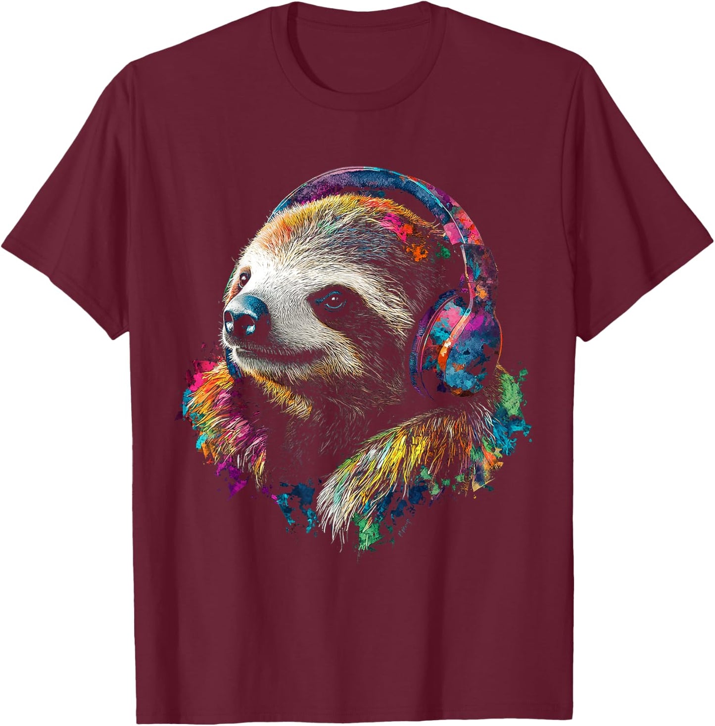 Headphones with Sloth Pattern , Black, S T-Shirt - T-Shirt | Maroon