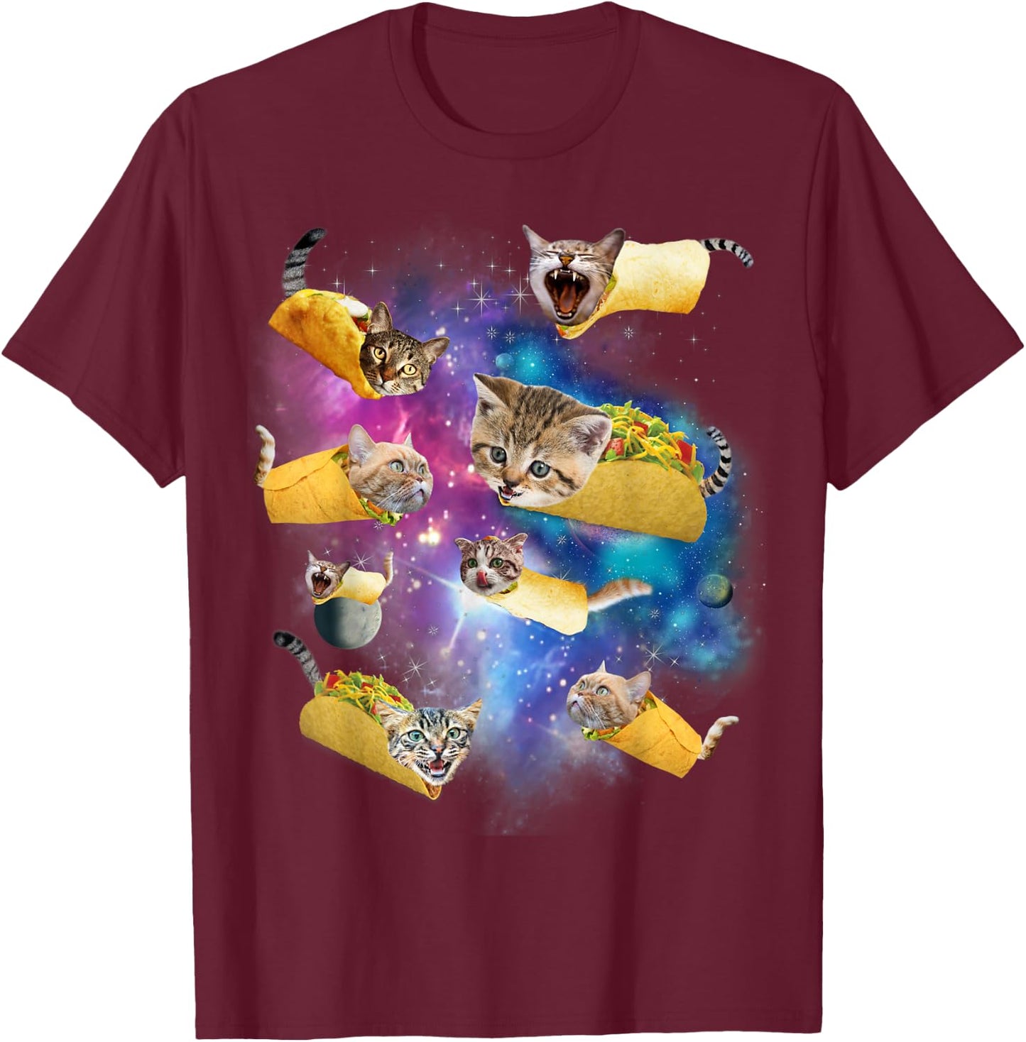 Burrito Pizza and Taco Cat in Space - Tacocat Gift , black T-Shirt - T-Shirt | Maroon