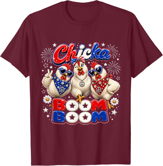 Chicka Boom Boom Cute Independence Day Chicken Farm Girls T-Shirt - T-Shirt | Maroon
