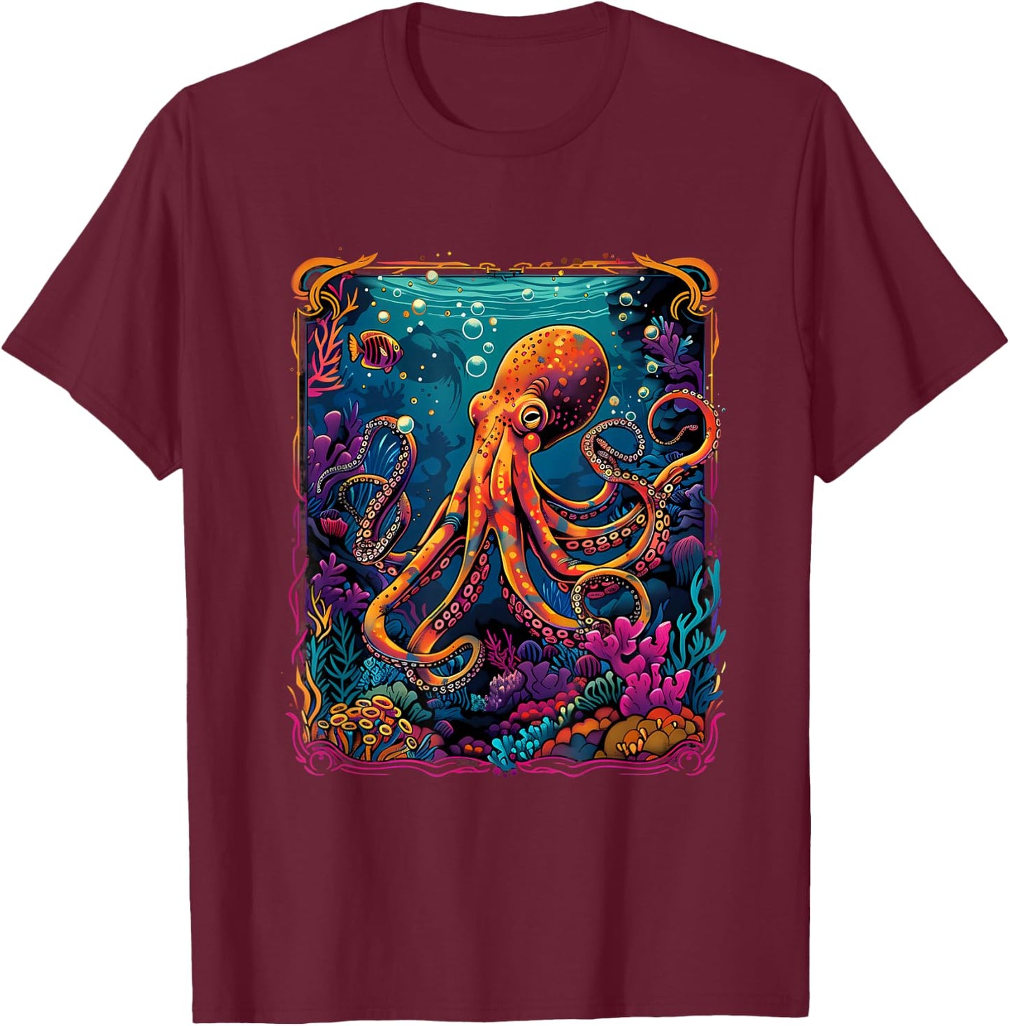 Sea Ocean Octopus Motif Artwork Sea Creature Kraken Cthulhu T-Shirt - T-Shirt | Maroon