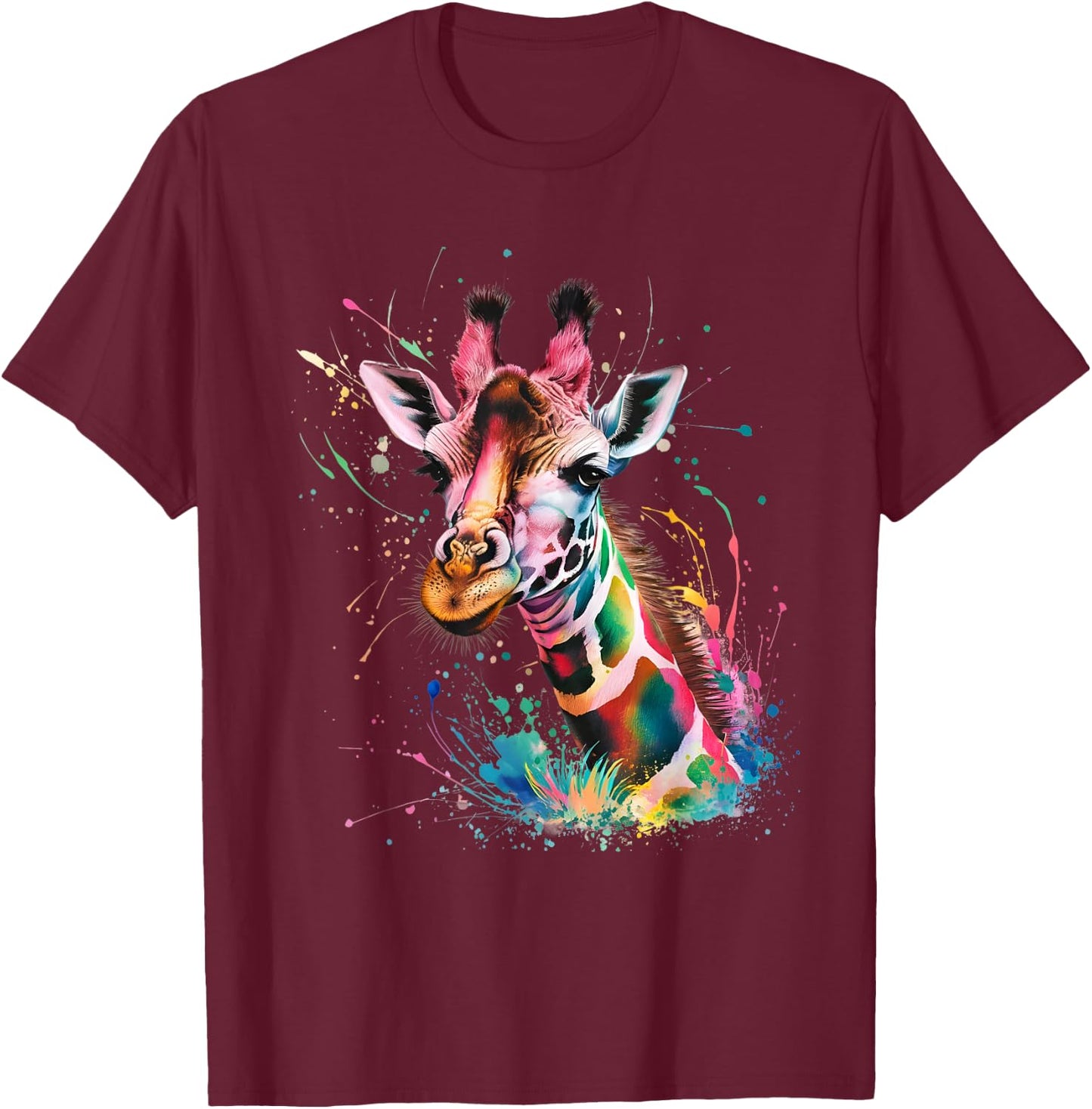 Giraffe Men Woman Colorful Watercolor Giraffe T-Shirt - T-Shirt | Maroon