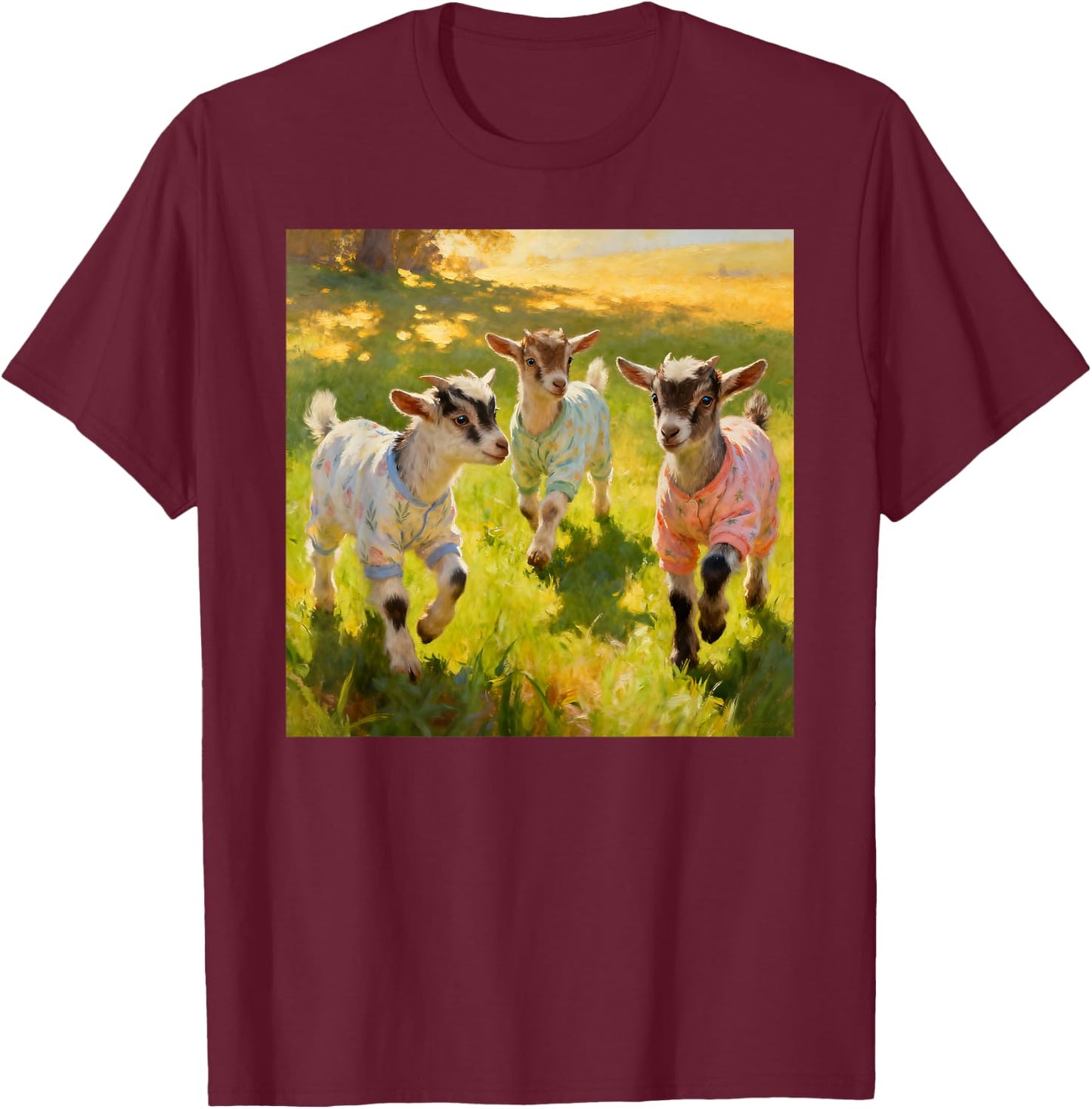 Baby Goats Wearing Pajamas Playfully Frolicking T-Shirt - T-Shirt | Maroon