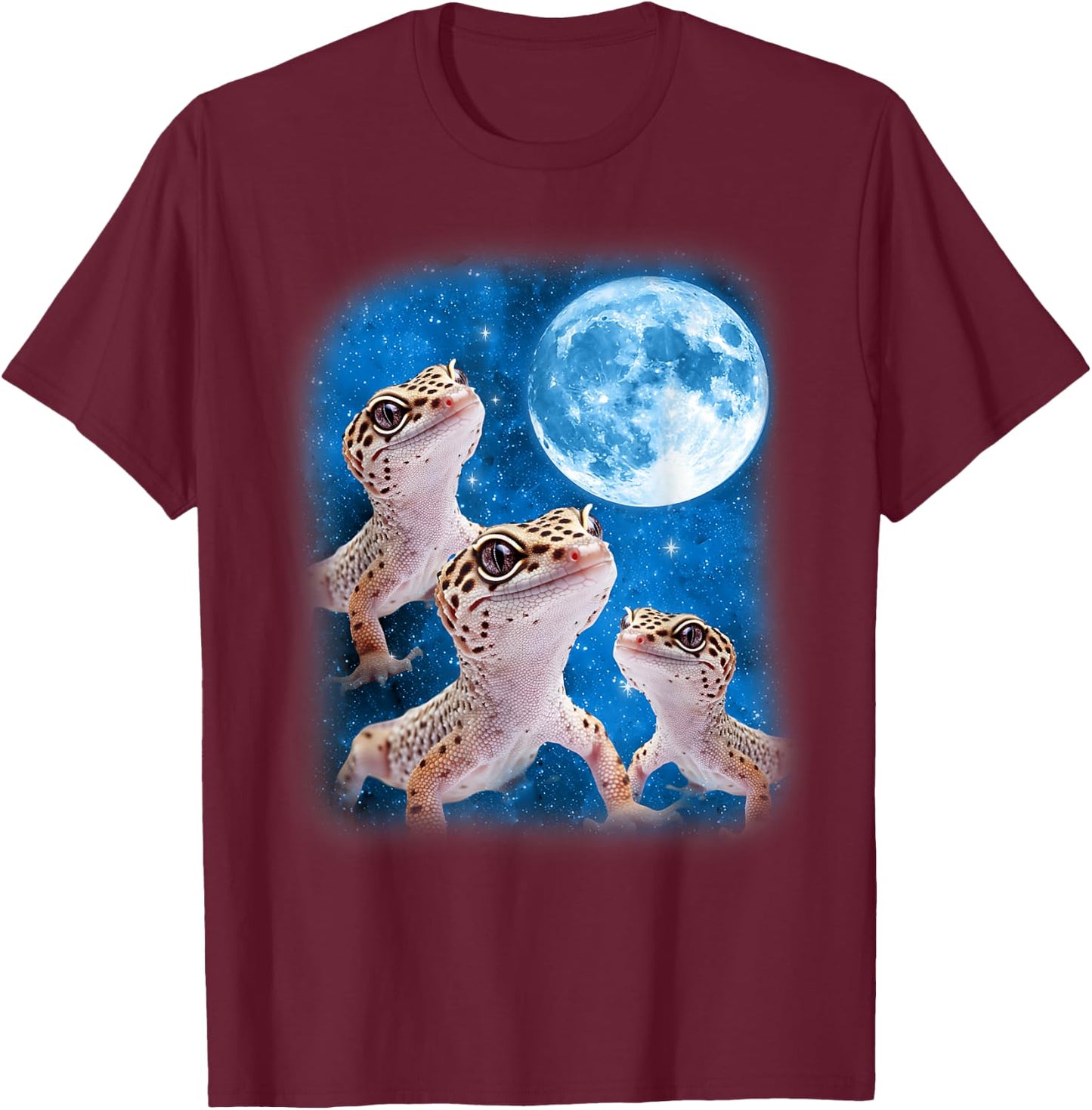 Gecko Howling At The Space Full Moon At Night Starry Sky T-Shirt - T-Shirt | Maroon
