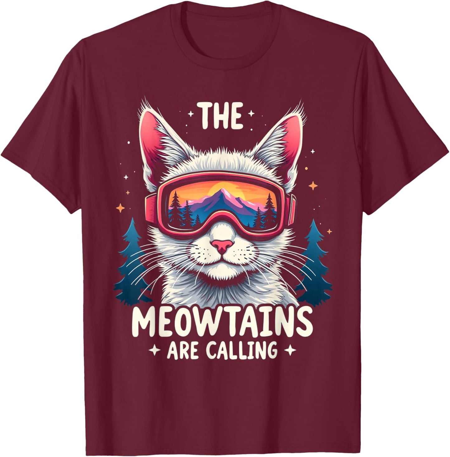 THE MEOWTAINS ARE CALLING Cat Mountain Adventure T-Shirt - T-Shirt | Maroon