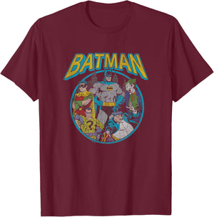 DC Comics Batman Frenemies Vintage Circle Group Shot T-Shirt - T-Shirt | Maroon