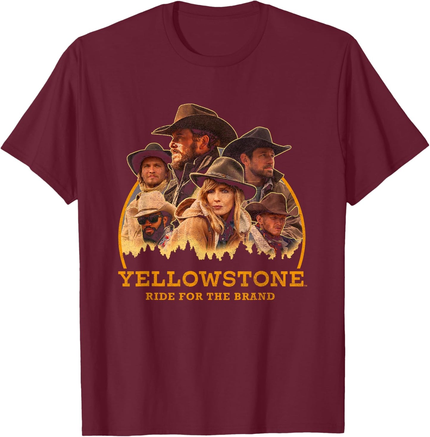 Yellowstone Ride For The Brand Iconic Characters Group Shot , Black, S T-Shirt - T-Shirt | Maroon
