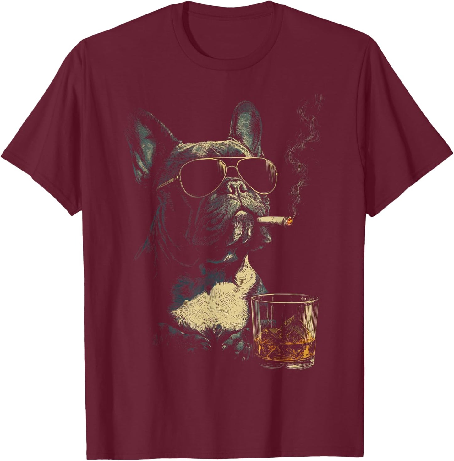 Französische Bulldogge Rauchende Zigarette Whisky Liebhaber Lustiger Hund T-Shirt - T-Shirt | Maroon
