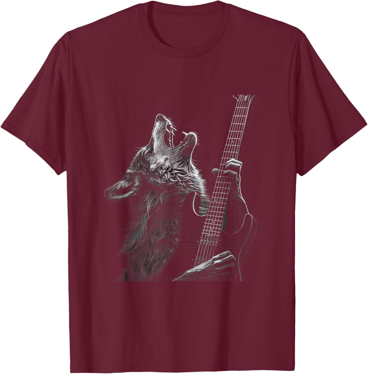 Wolf playing guitar rock and roll rock star man woman child T-Shirt - T-Shirt | Maroon