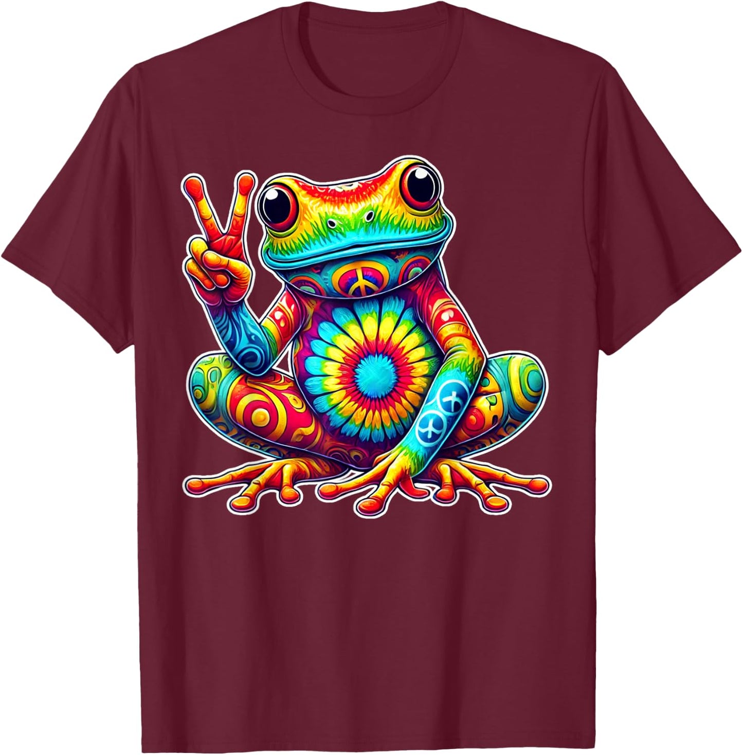 Tie-Dye Frog With Peace Sign Cool Hippie T-Shirt - T-Shirt | Maroon