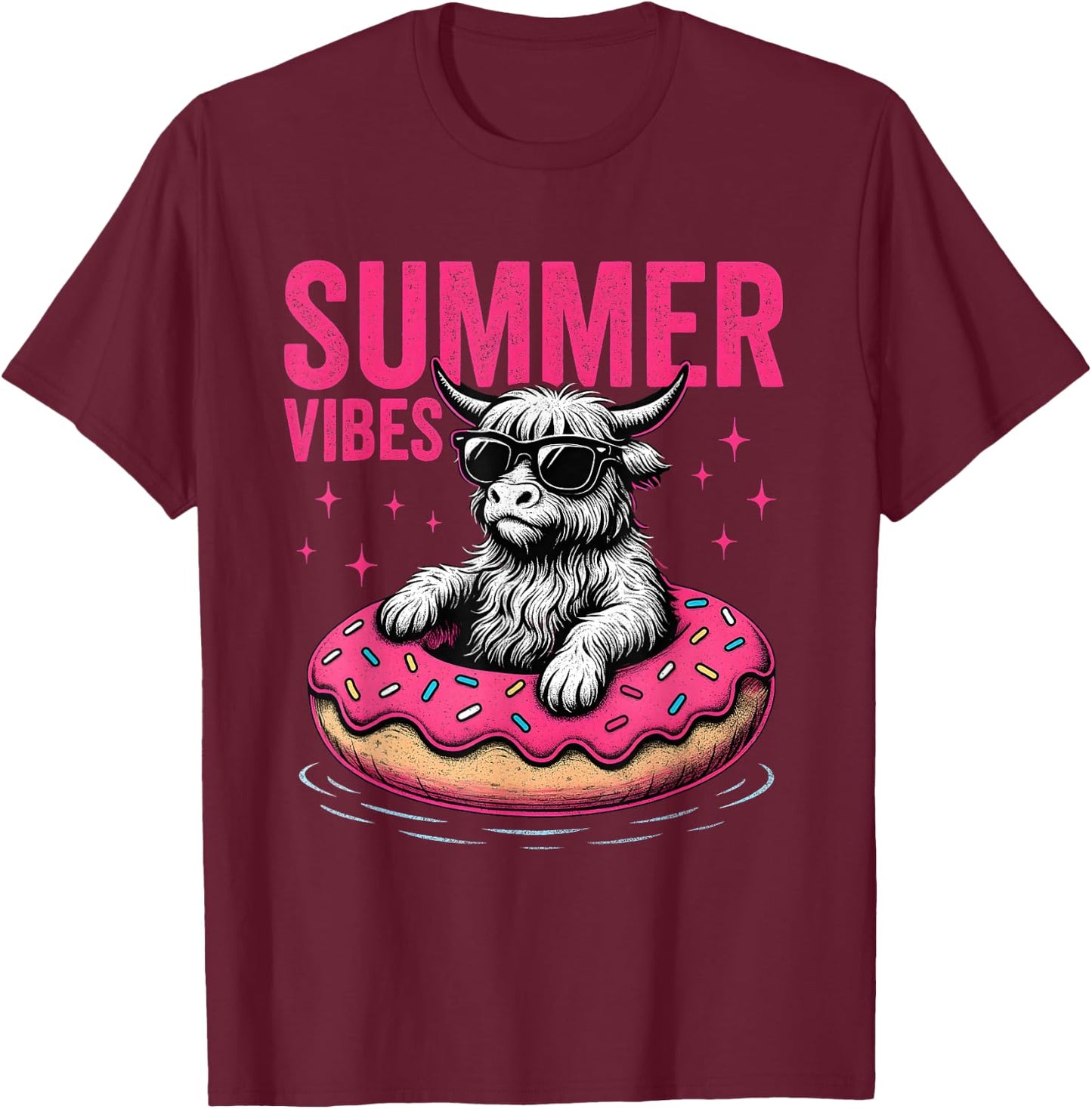 Highland Cow Summer Vibes Donut Float T-Shirt - T-Shirt | Maroon