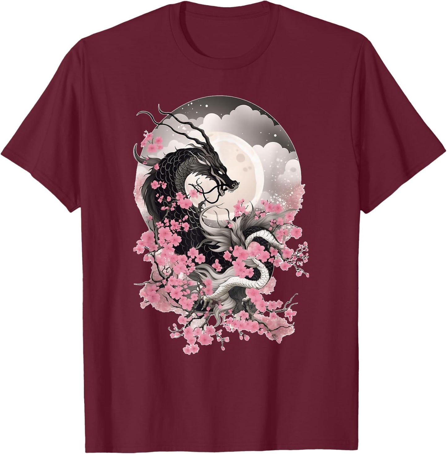 Japanese Dragon & Cherry Blossom Men & Women Full Moon Asian T-Shirt - T-Shirt | Maroon