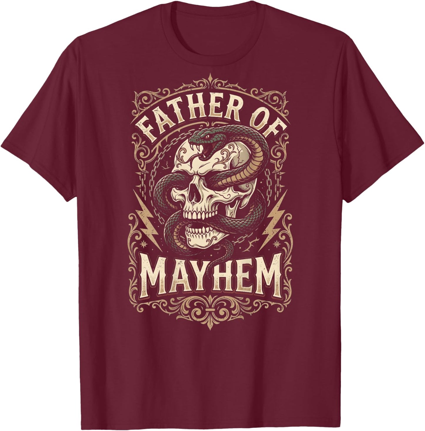 Father of Mayhem Vintage Gothic Skull Snake Tattoo (On Back) T-Shirt - T-Shirt | Maroon