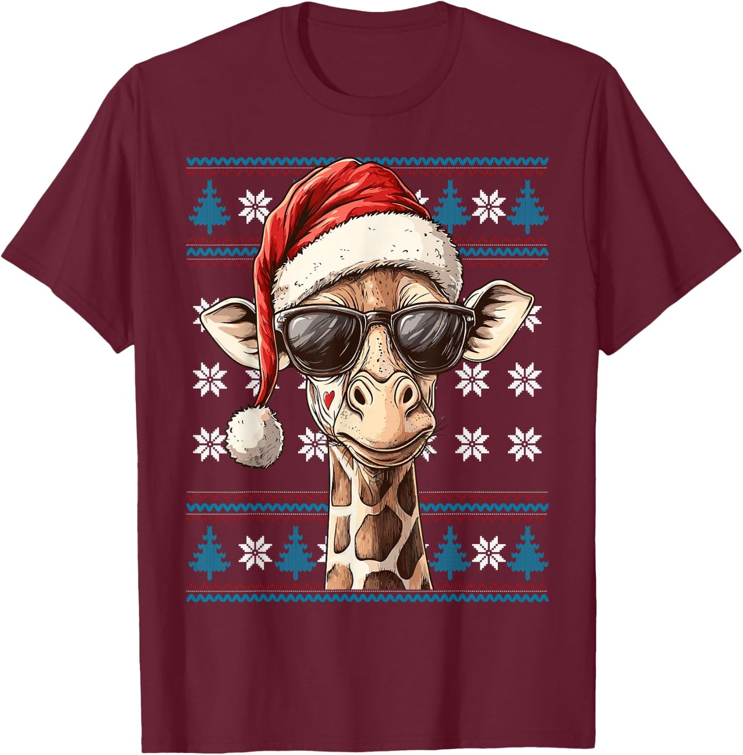 Giraffe Santa Hat Ugly Christmas Sweater Giraffe Lover Xmas T-Shirt - T-Shirt | Maroon