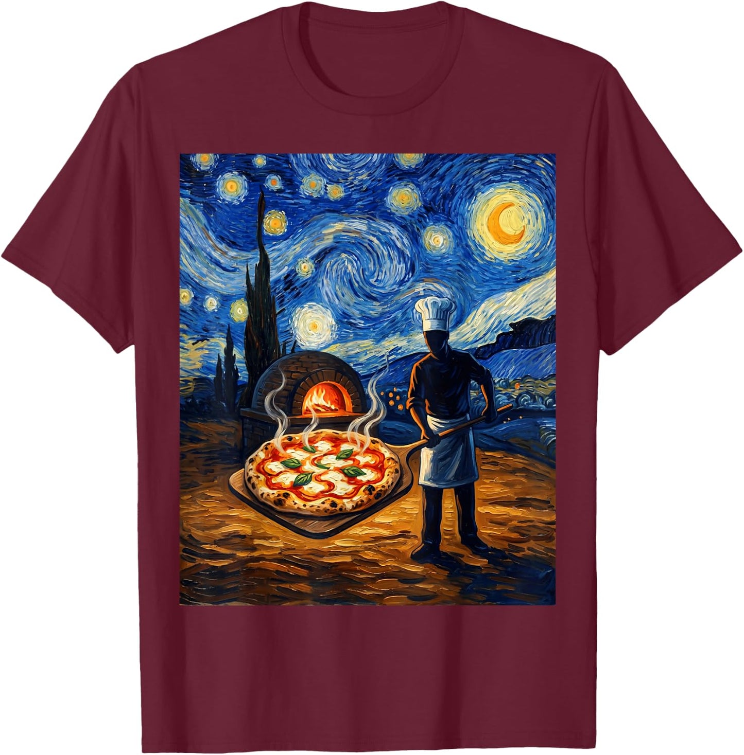 Pizza Margherita Starry Night Funny Pizzaiolo Italian Pizza T-Shirt - T-Shirt | Maroon