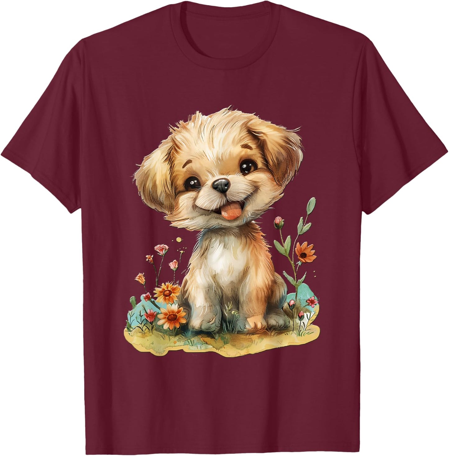 Baby Welpe mit Blumen süßer Hund Mädchen Tochter T-Shirt - T-Shirt | Maroon
