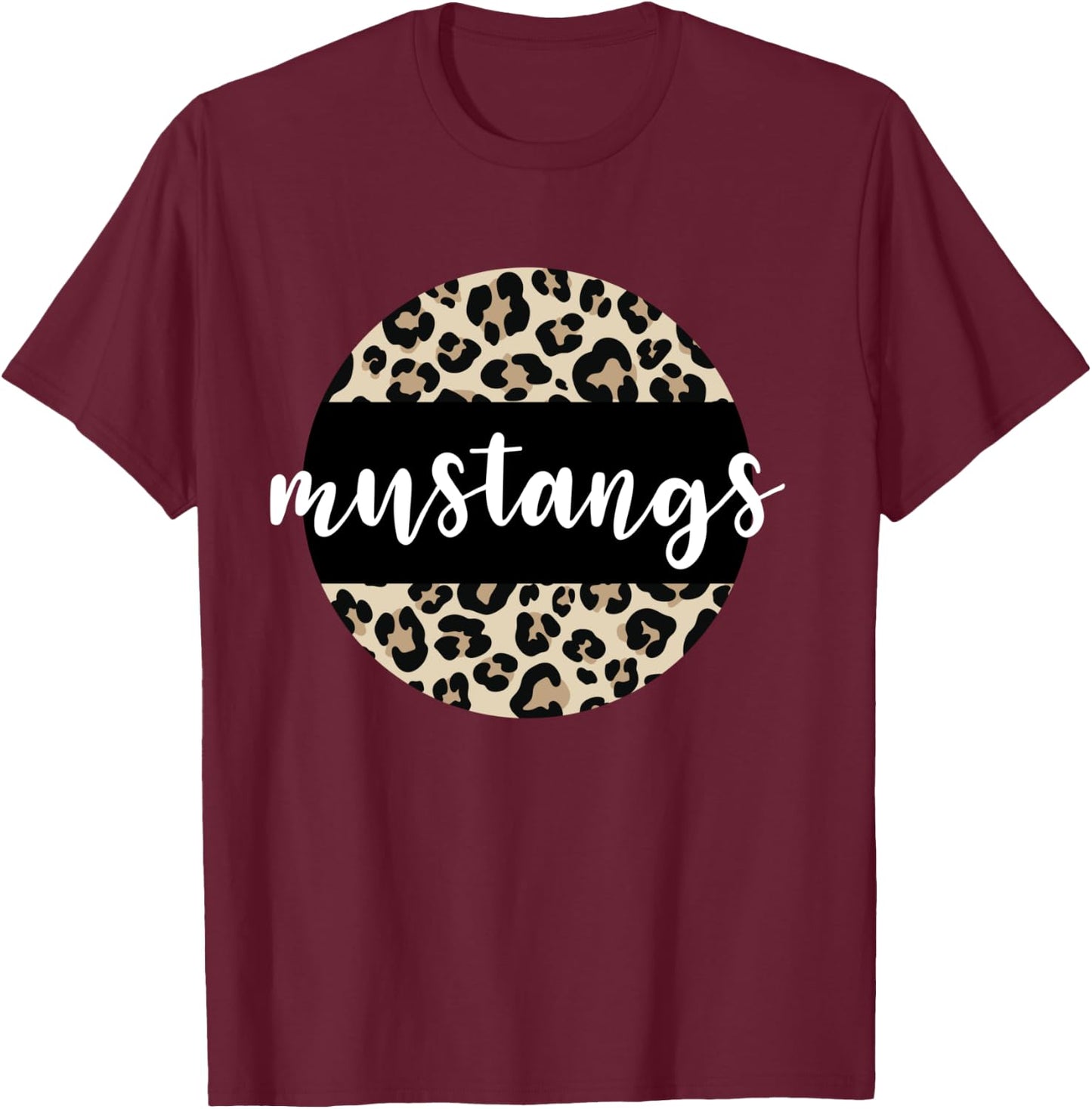 Leopard Print Mustangs Team Mascot School Spirit Game Night T-Shirt - T-Shirt | Maroon