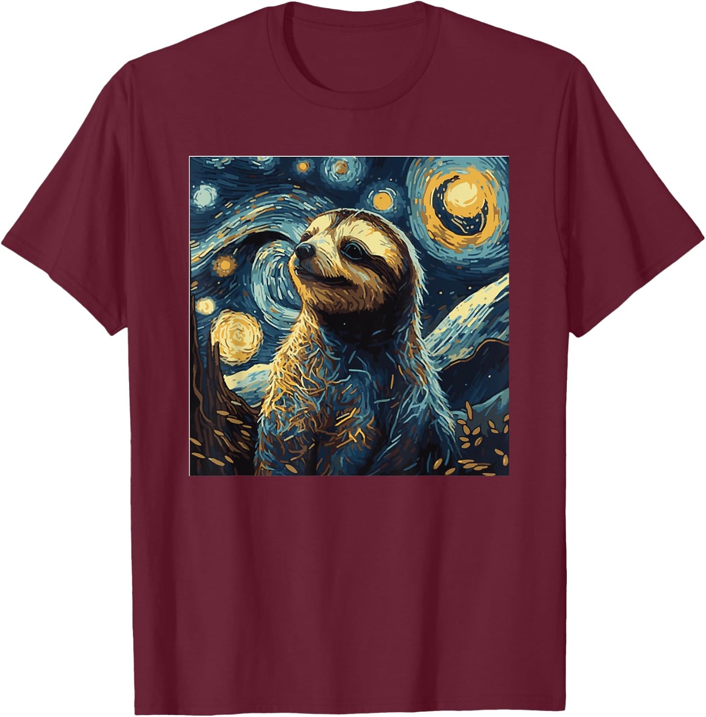 Funny Sloth Art Painting for Lover Sloths Starry Night T-Shirt - T-Shirt | Maroon