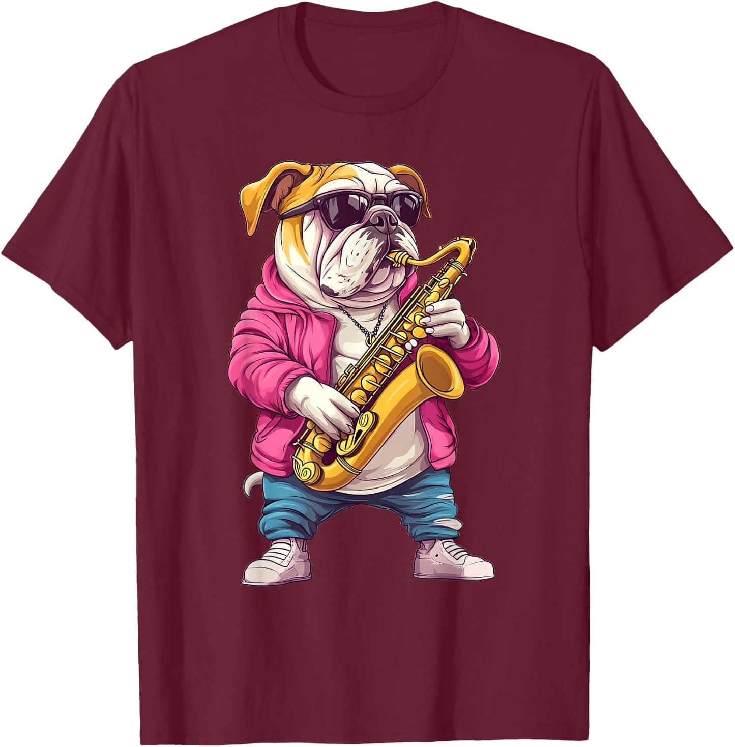 Cute English Bulldog Dog Playing Saxophone Musician Music T-Shirt - T-Shirt | Maroon