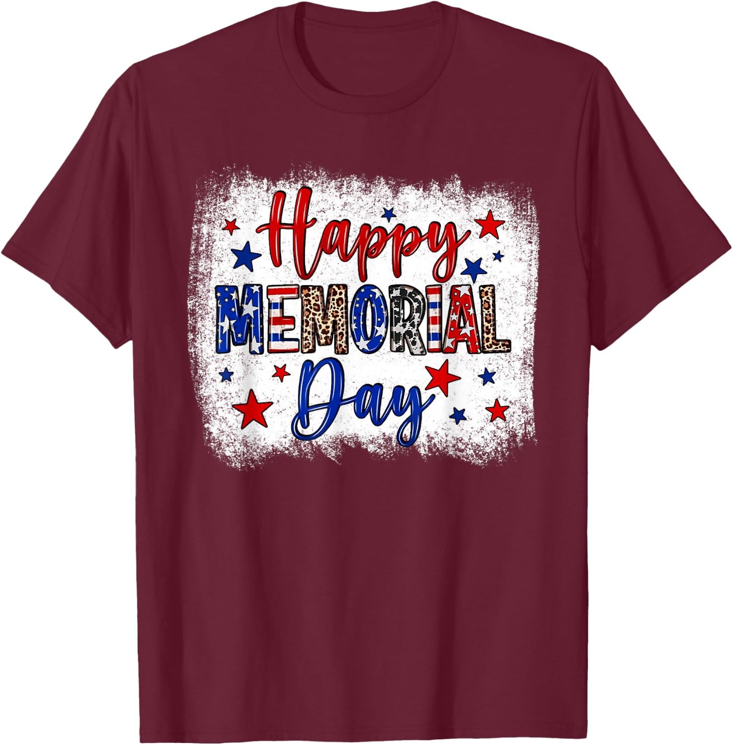Bleached Happy Memorial Day Leopard USA Patriotic T-Shirt - T-Shirt | Maroon
