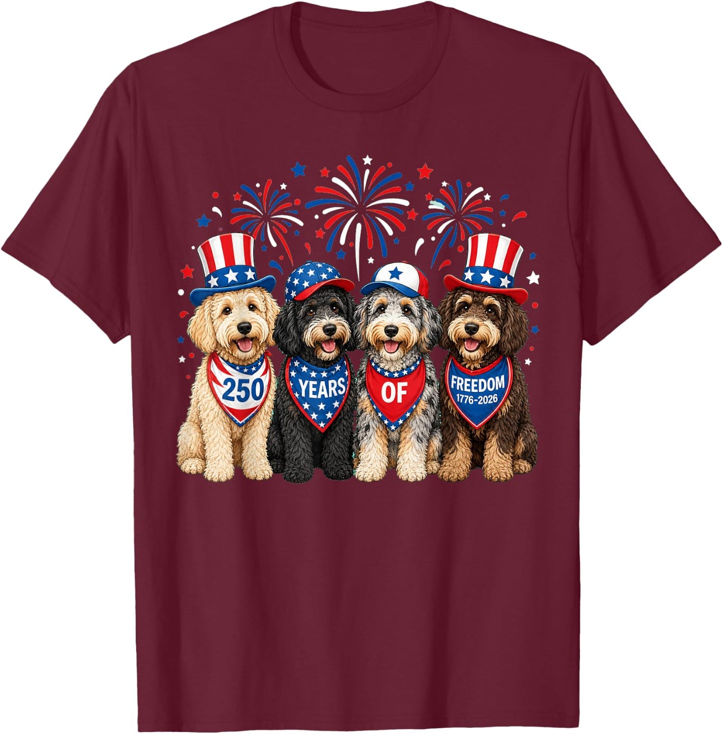 Aussiedoodle Dog 250 Years American 1776 2026 4th July T-Shirt - T-Shirt | Maroon