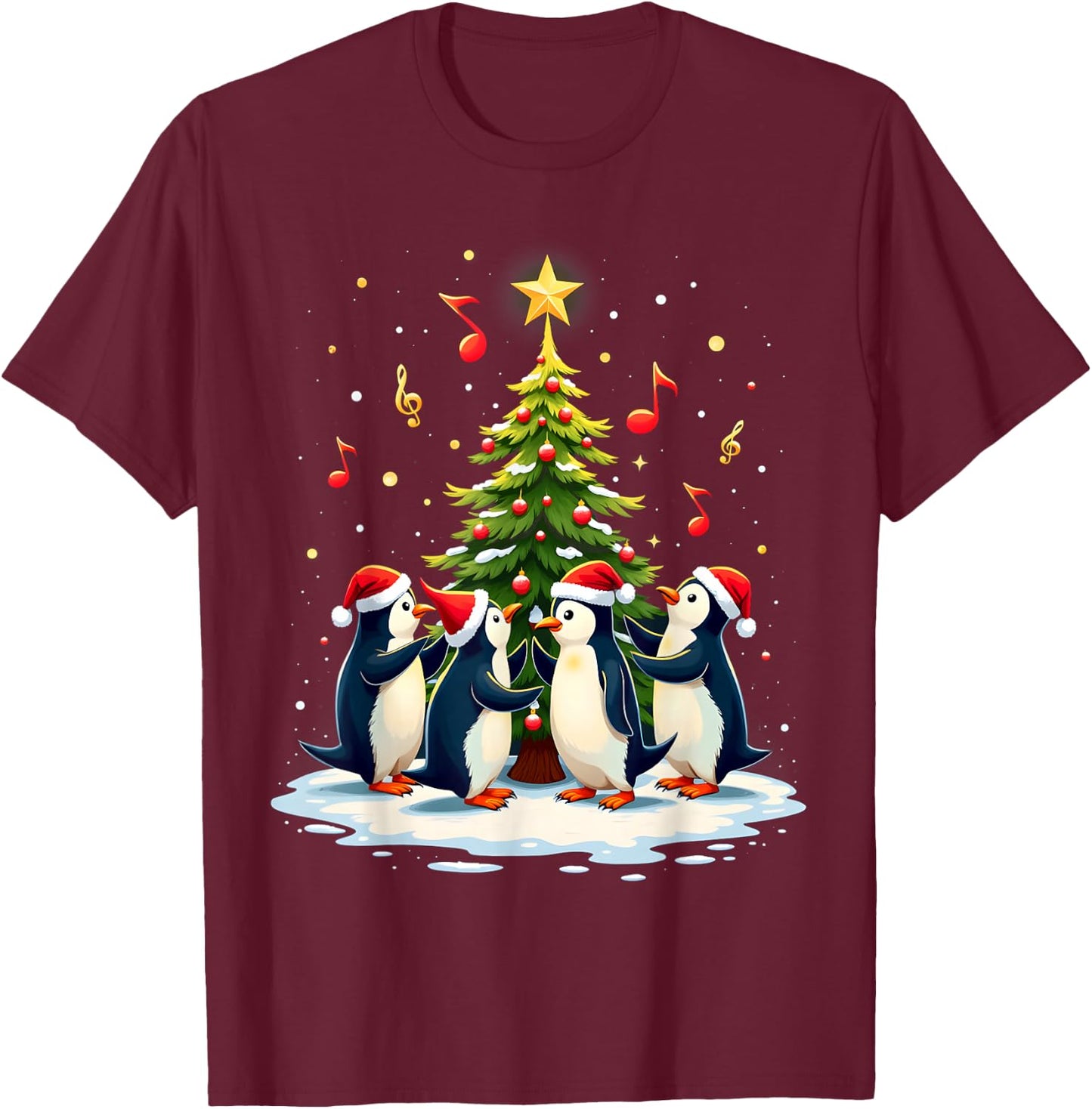 Kids Festive Penguins Singing Around Christmas Tree - Black, Small T-Shirt - T-Shirt | Maroon