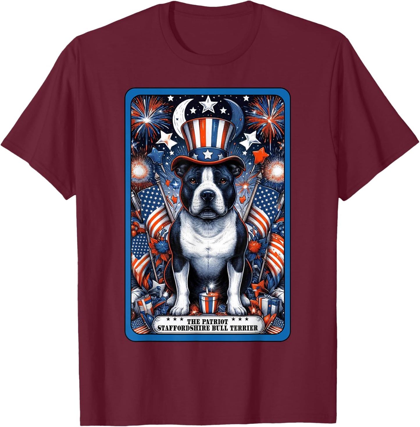 Staffordshire Bull Terrier Dog July 4th Patriotic Tarot Card T-Shirt - T-Shirt | Maroon