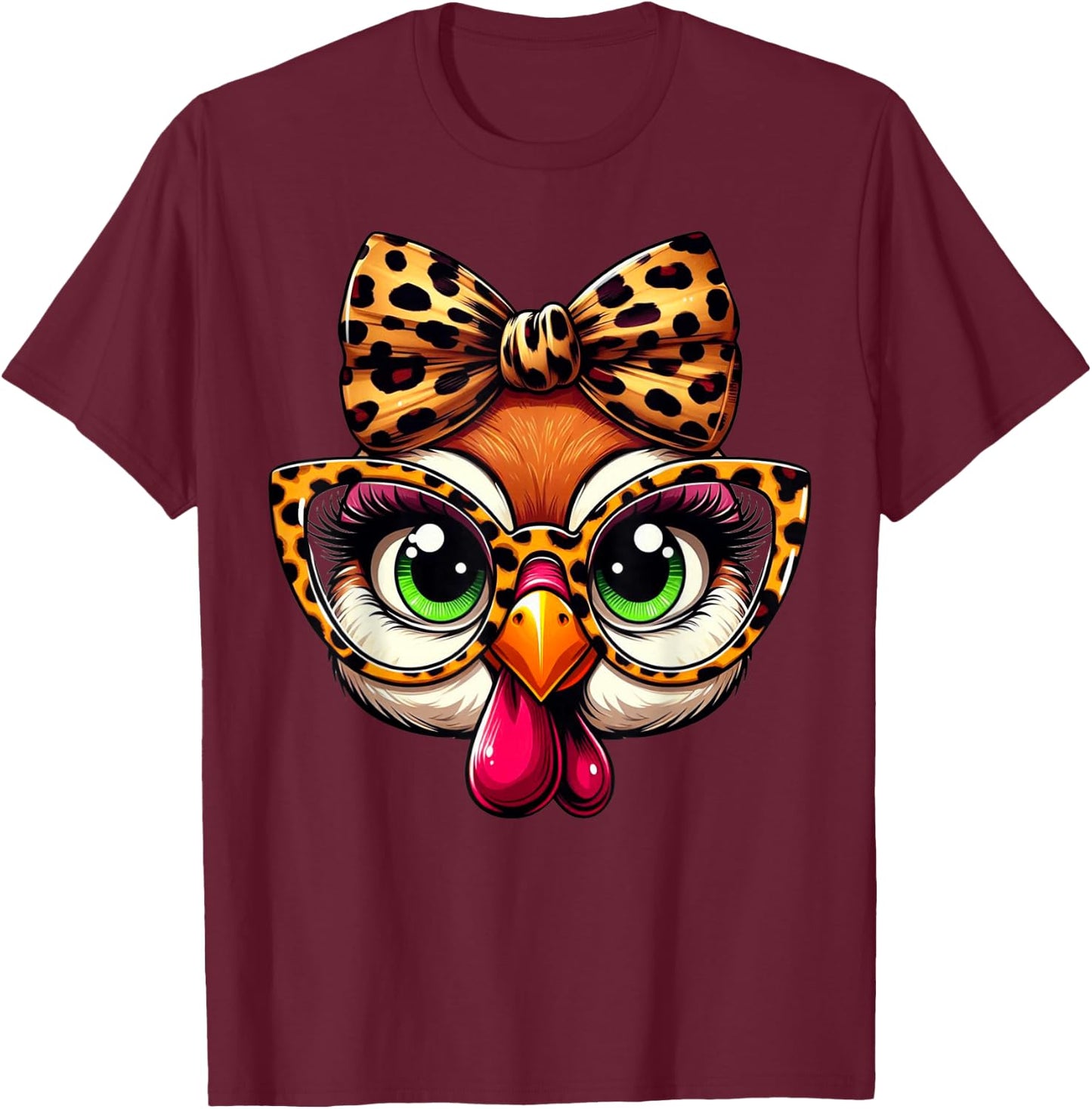 Turkey Face Leopard Headband Glasses Thanksgiving Girl Women T-Shirt - T-Shirt | Maroon