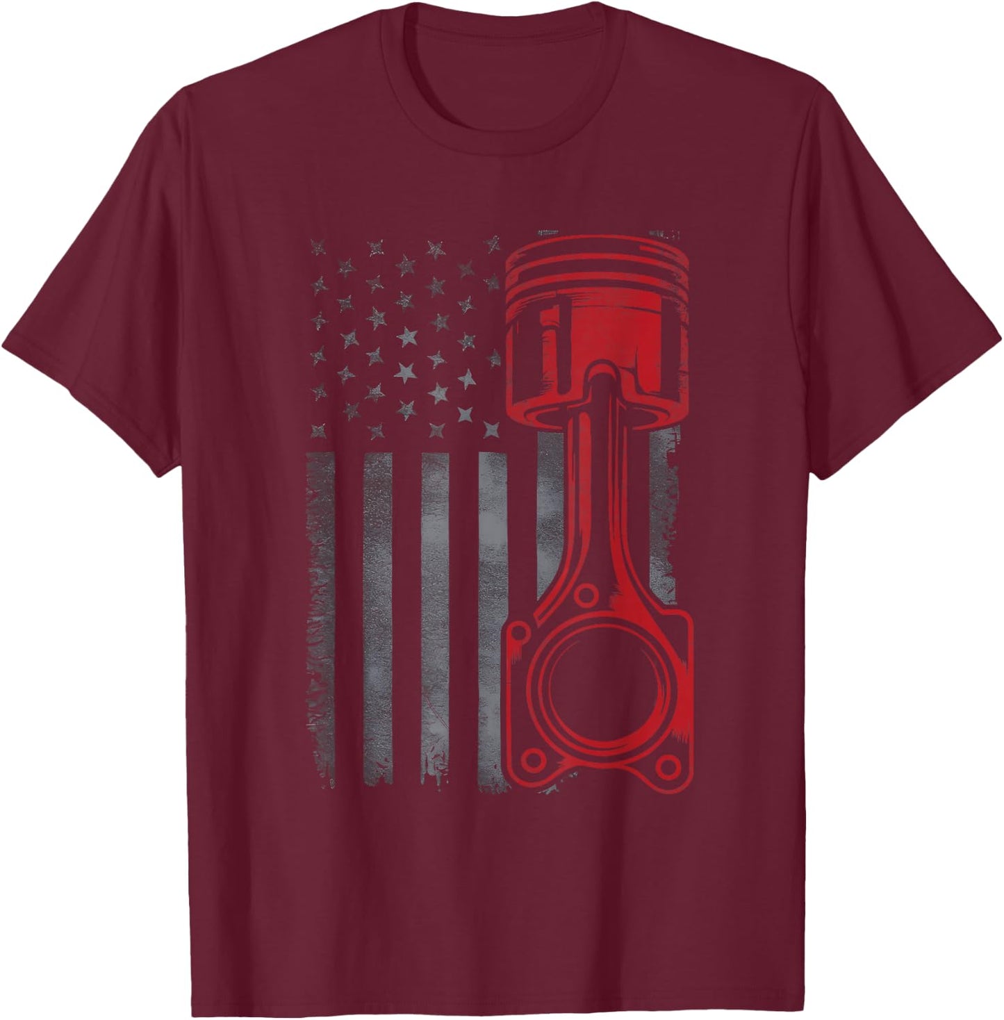 Vintage Piston Funny Muscle Car Mechanic Flag USA Patriotic T-Shirt - T-Shirt | Maroon