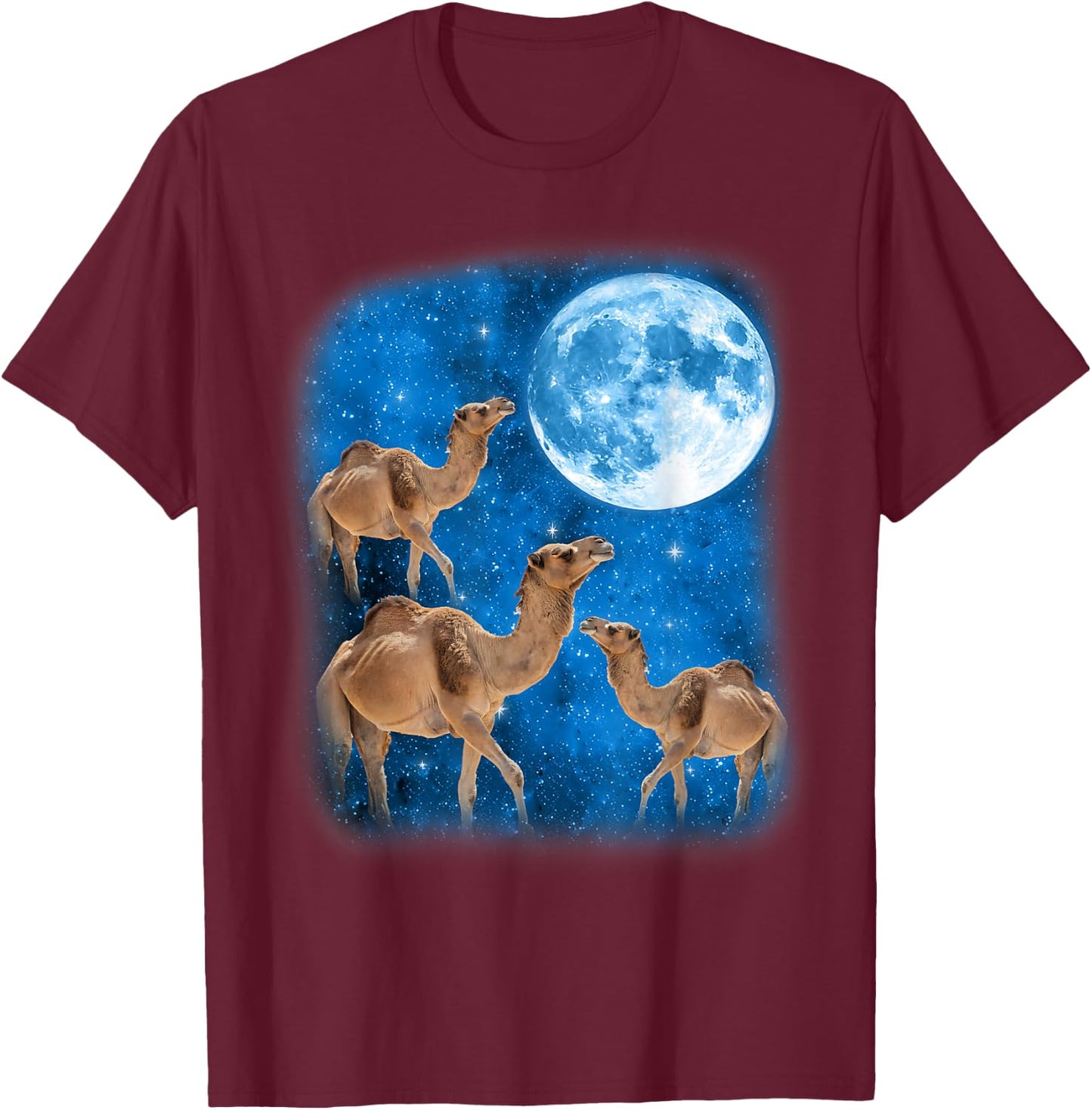 Camel Howling At The Space Full Moon At Night Starry Sky T-Shirt - T-Shirt | Maroon
