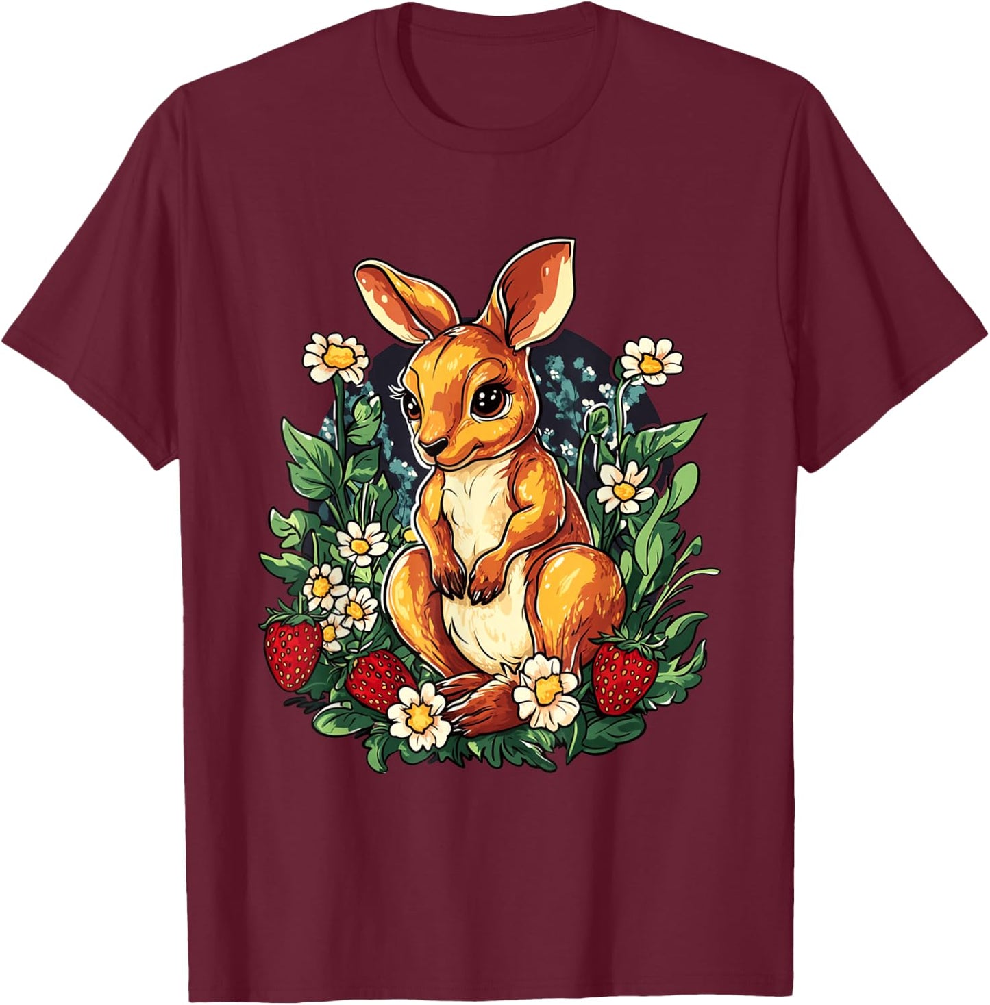 Kangaroo Strawberries and Flowers Graphic Cute Kangaroo T-Shirt - T-Shirt | Maroon
