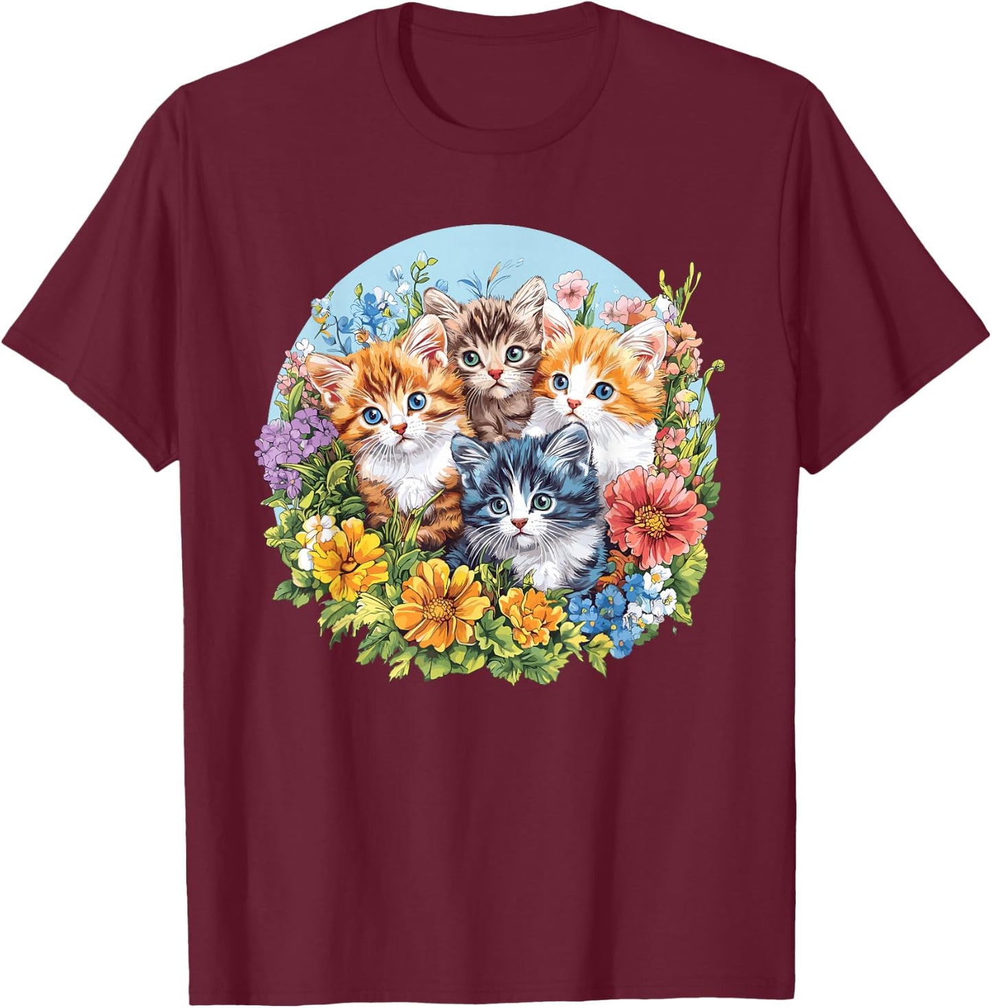 Adorable Kittens Surrounded by Flowers T-Shirt - T-Shirt | Maroon