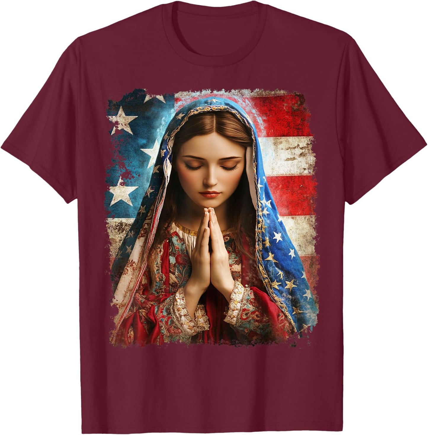 US Flag American The Virgin Mary Religious Christian T-Shirt - T-Shirt | Maroon
